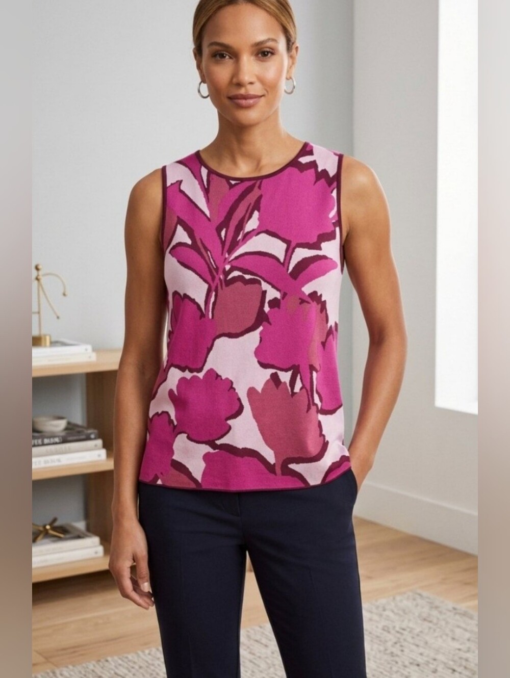 Ann Taylor Sleeveless Sweater Pink and Brown Floral Thick Knit XL